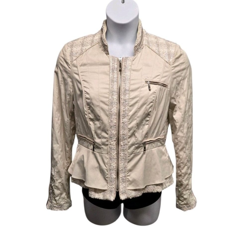 White House Black Market Womens Size 12 Beige Tweed Nylon Peplum Jacket Full-Zip